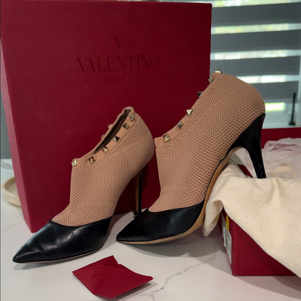 Valentino Garavani Beige Mesh and Black Leather Studded Ankle Boot